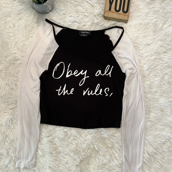 Bebe Long Sleeve Obey All The Rules, You Miss All the Fun Crop Top - Picture 2 of 5